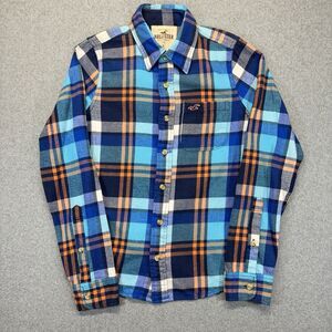 Hollister Button Up Shirt Men’s S Blue Orange Plaid Long Sleeve Seagull Logo